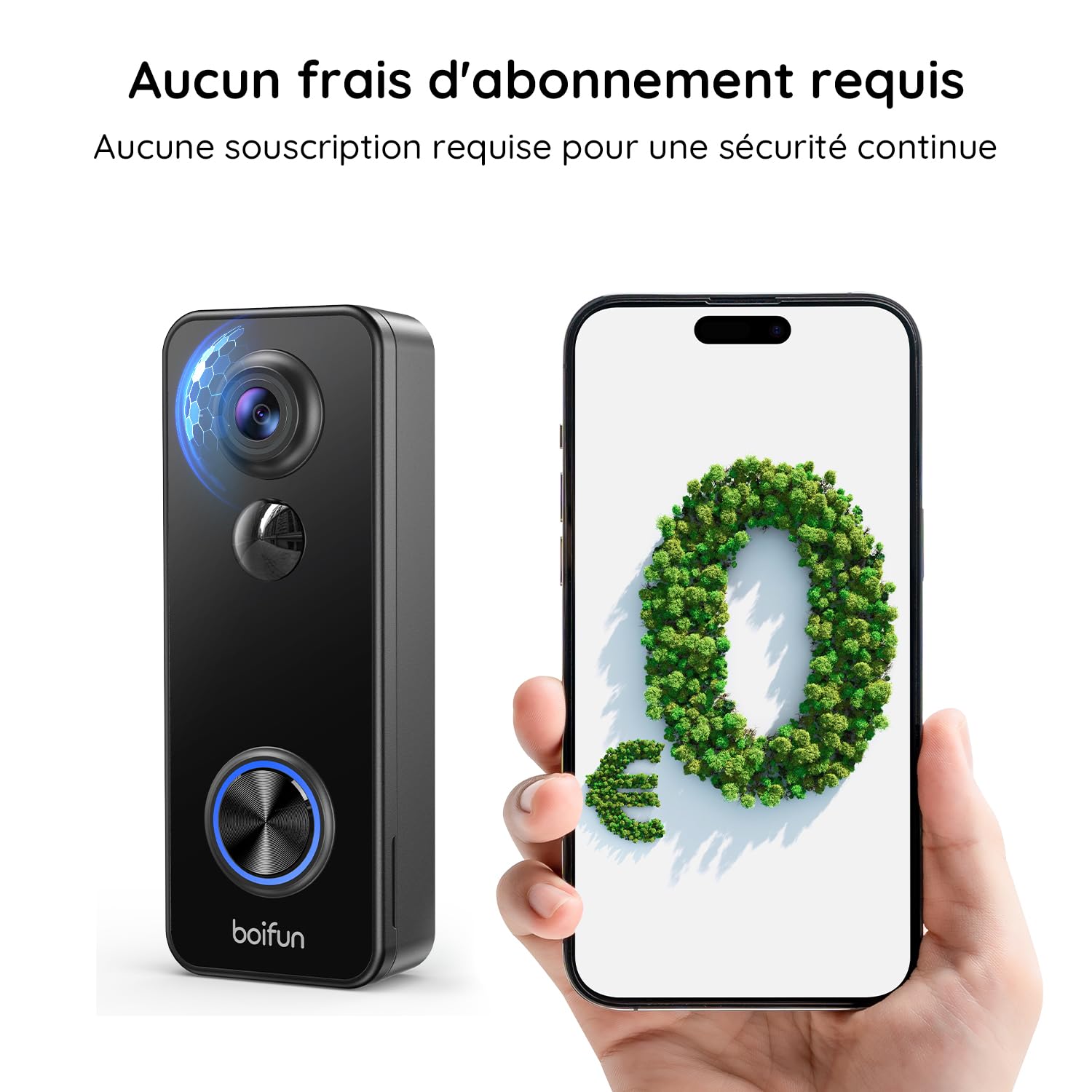 BOIFUN 2K 3MP Sonnette sans Fil Exterieur Etanche, Vision à 180°, Détection IA Avancée, Installation Facile, Vision Nocturne, Stockage par Carte SD 128 Go, IP65 étanche, Wi-FI 2,4 GHz Uniquement