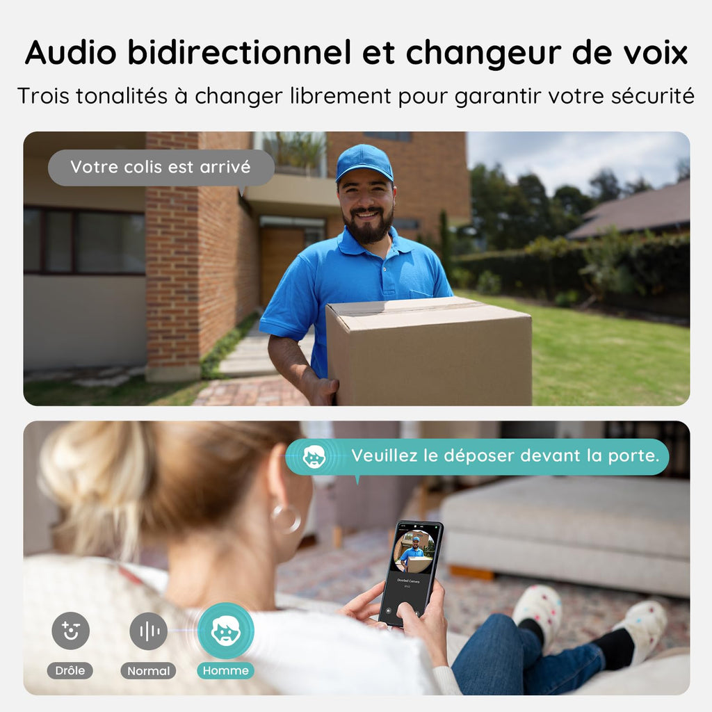 BOIFUN 2K 3MP Sonnette sans Fil Exterieur Etanche, Vision à 180°, Détection IA Avancée, Installation Facile, Vision Nocturne, Stockage par Carte SD 128 Go, IP65 étanche, Wi-FI 2,4 GHz Uniquement