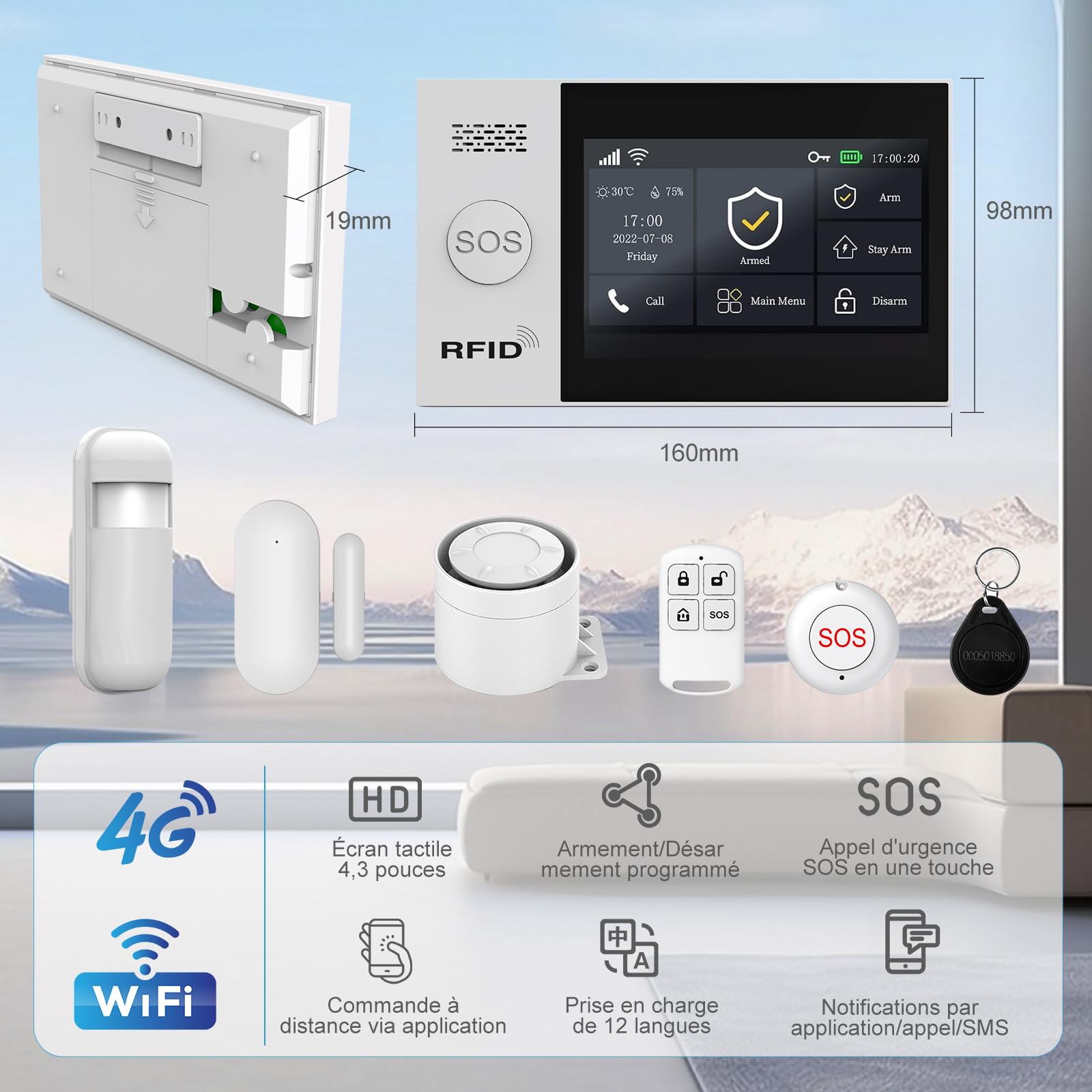 Alarme Maison sans Fil WiFi 4G sans Abonnement, Kit Alarme Maison Connectée 24 Pièces avec Écran Tactile 4,3", Sirène 120 DB, Détecteurs Mouvement et Porte/Fenêtre (Lot de 24 Articles)