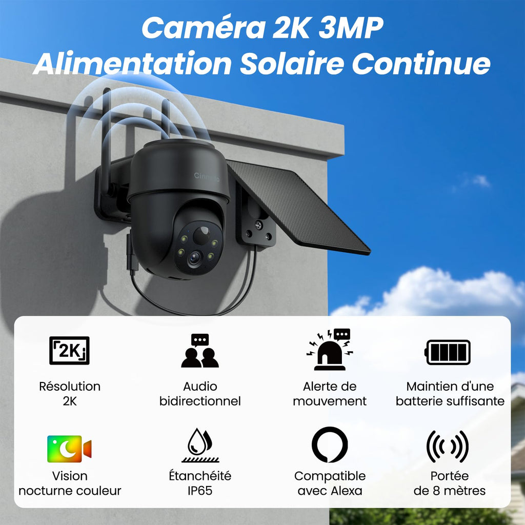 Cinnado Camera Surveillance WiFi Exterieure sans Fil - 2K Camera Exterieur sans Fil avec Panneau Solaire, 360° PTZ, Alerte Instantanée PIR, Vision Nocturne Couleur, Audio Bidirectionnel, B6 (Noire)