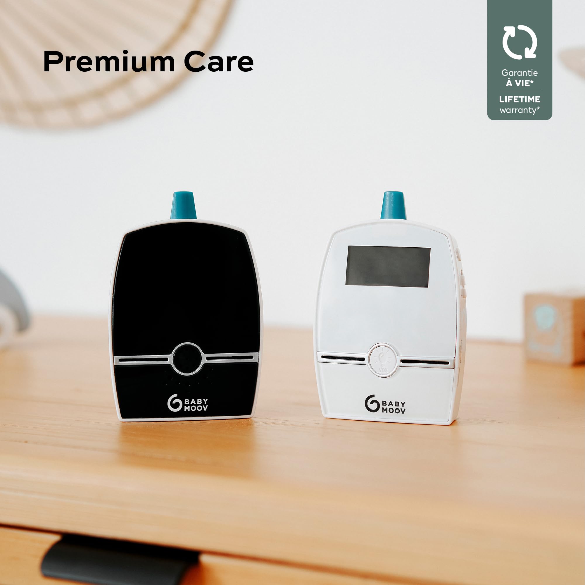 Babymoov Babyphone Audio Premium Care, Faible Emission d'Ondes avec Détecteur de Mouvement, Portée 1400m, Veilleuse, Berceuses, Capteur de Température, Talkie-Walkie