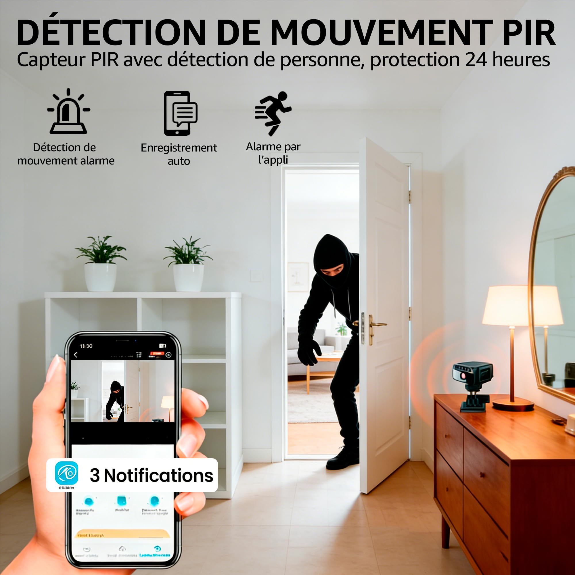 AOBOCAM Camera Espion WiFi 4K avec Cloud – Caméra de Surveillance Intérieure sans Fil, Vision Nocturne Grand Angle 150°, Détection de Mouvement AI Intelligente, Mini Caméra de Sécurité