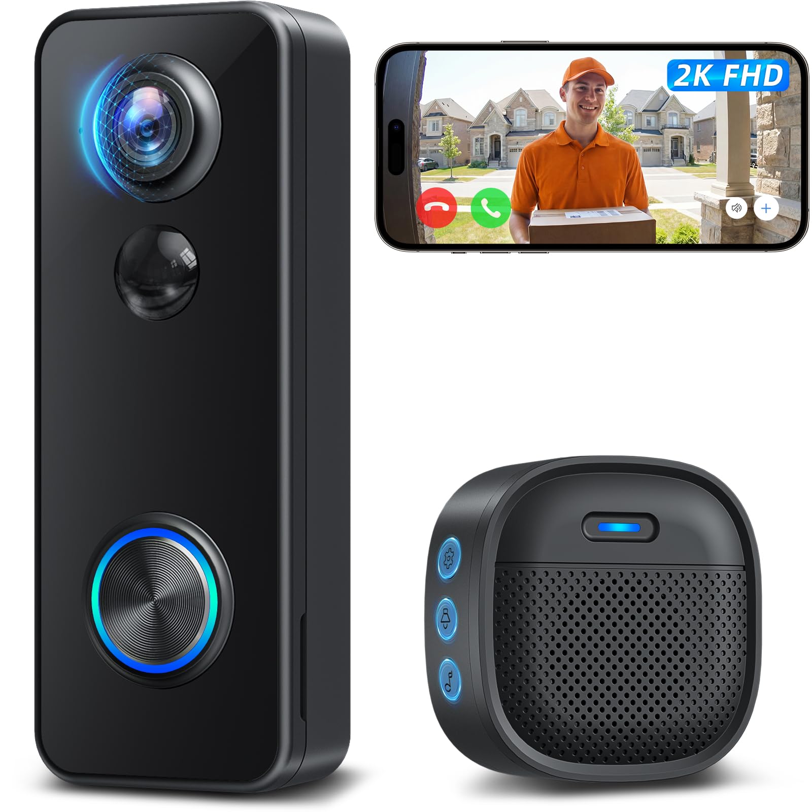 XTU 2K HD Sonnette sans Fil Exterieur Etanche, Sonnette sans Fil avec Camera Vue Complète 180°, Détection Humaine PIR, Audio Bidirectionnel, Uniquement 2,4G WiFi, Stockage Carte SD