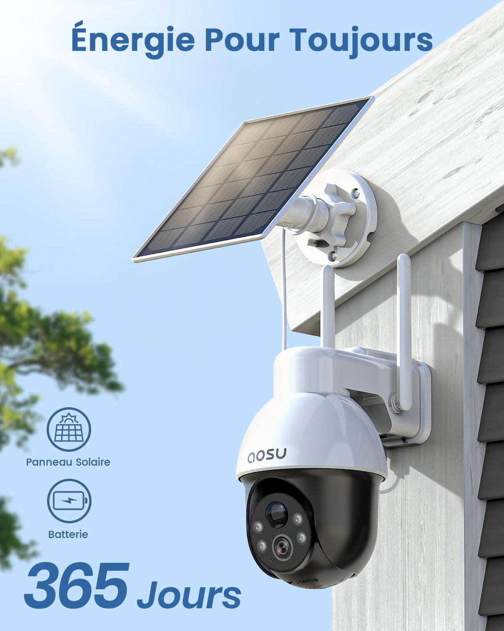 aosu 3K Caméra Surveillance WiFi Exterieure sans Fil, 5MP Camera Exterieur Solaire, 360° PTZ Suivi Automatique Détection IA Personne/Véhicule, Vision Nocturne Couleurs Alarme Lumineuse/Sonore 2 Pièce