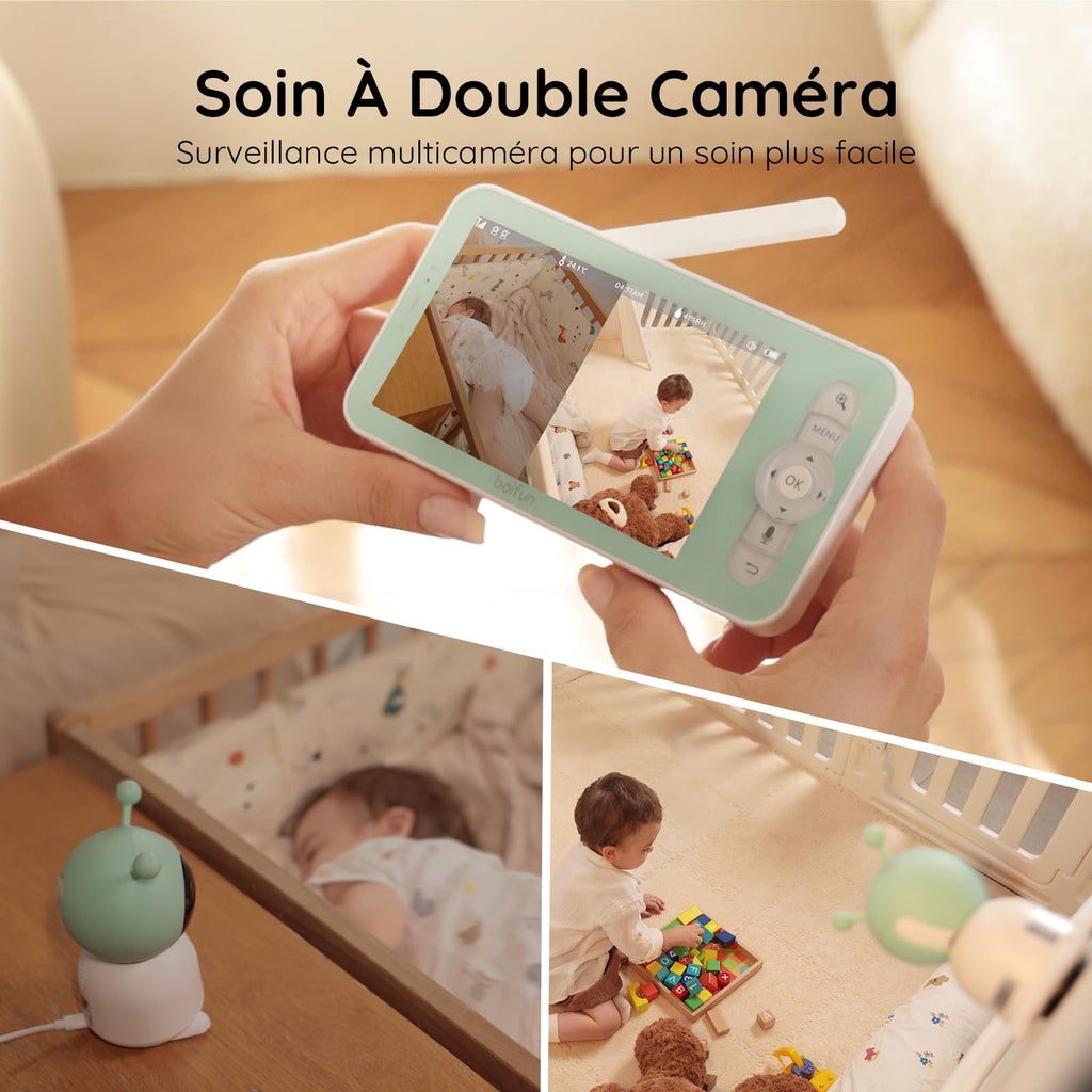 BOIFUN Babyphone Camera Bébé 2K, Baby Phone avec Caméra WiFi et Moniteur 5", Vision Nocturne Invisible, Veilleuse Bébé Colorée Réglable, Alerte Mouvements/Pleurs, Température, Zoom 4X, Rappel Biberon