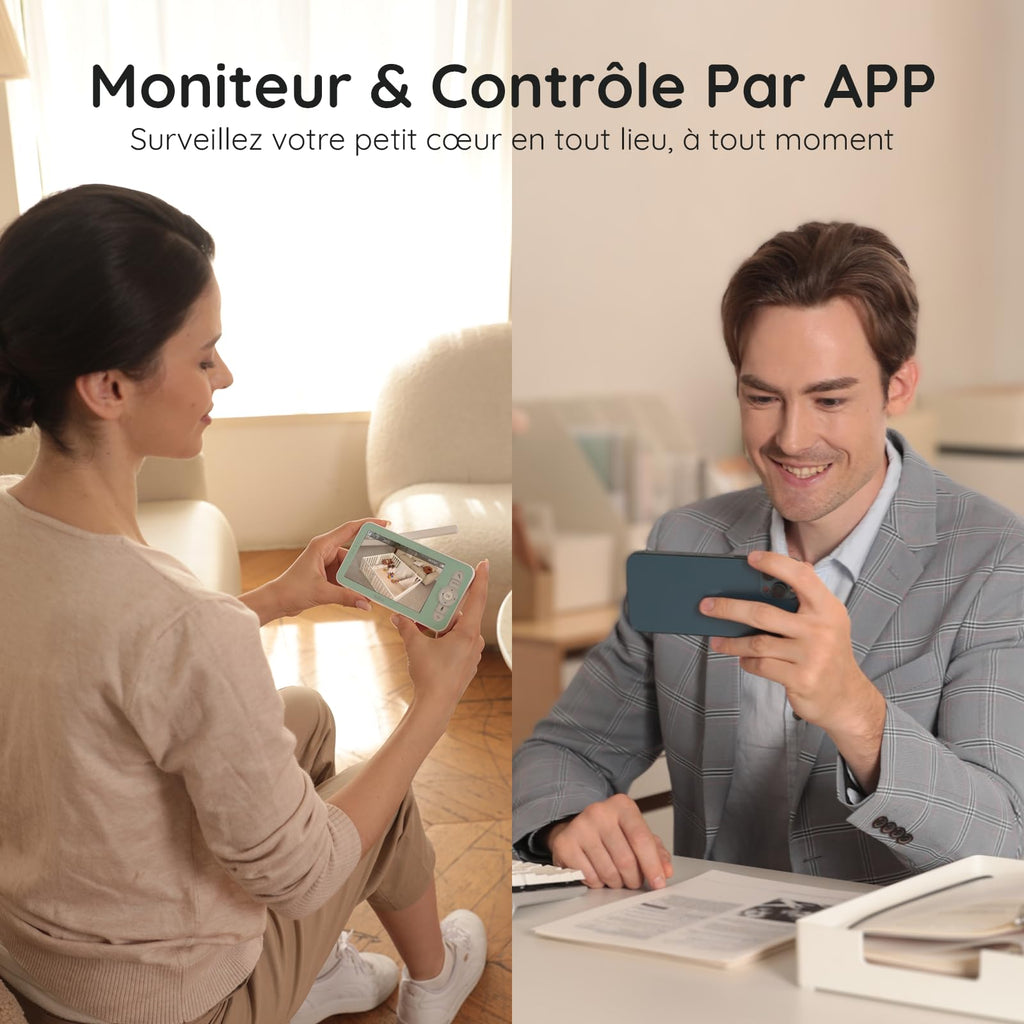 BOIFUN Babyphone Camera Bébé 2K, Baby Phone avec Caméra WiFi et Moniteur 5", Vision Nocturne Invisible, Veilleuse Bébé Colorée Réglable, Alerte Mouvements/Pleurs, Température, Zoom 4X, Rappel Biberon