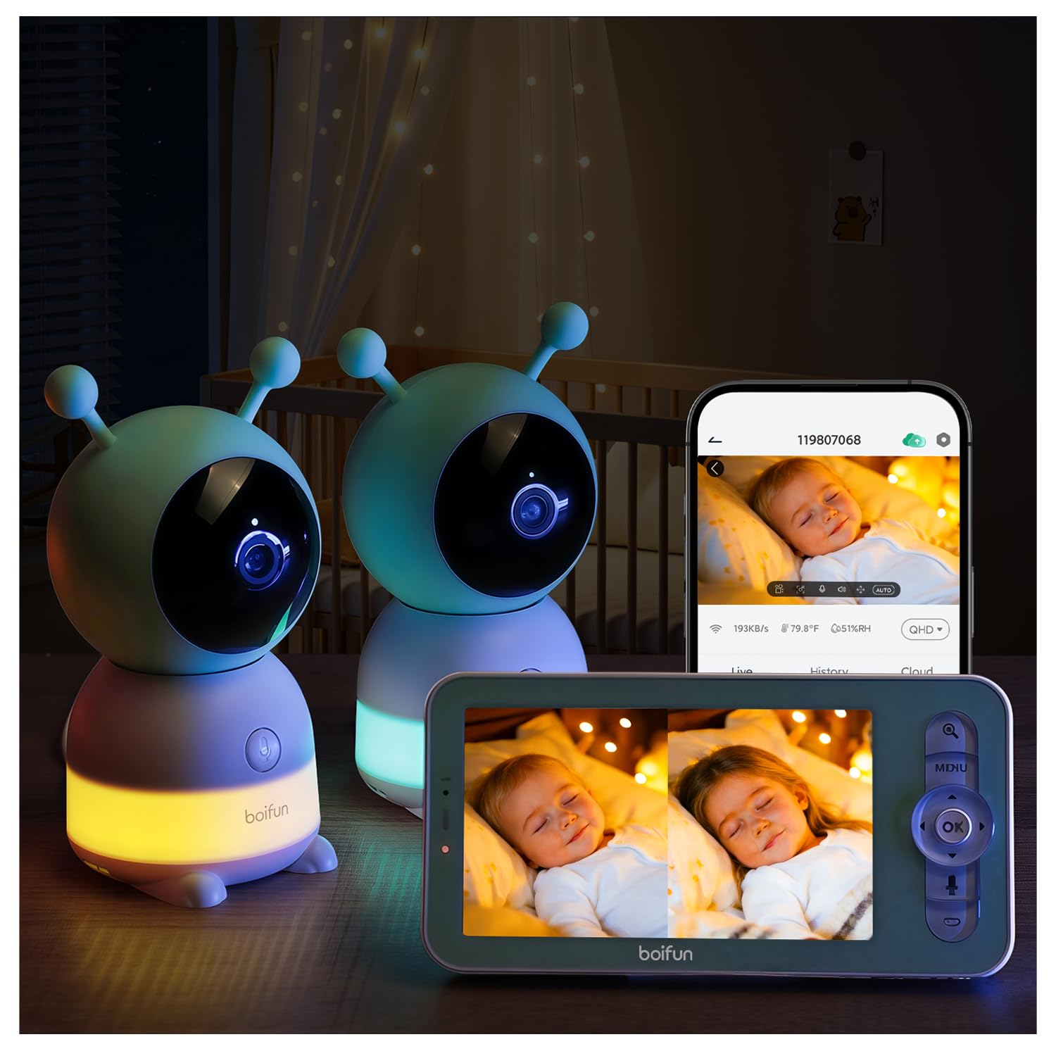 BOIFUN Babyphone Camera Bébé 2K, Baby Phone avec Caméra WiFi et Moniteur 5", Vision Nocturne Invisible, Veilleuse Bébé Colorée Réglable, Alerte Mouvements/Pleurs, Température, Zoom 4X, Rappel Biberon