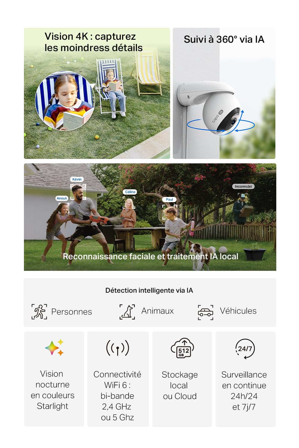 Tapo C510W 2K Caméra de Surveillance WiFi extérieur 360°, Vision Nocturne Couleur, Détection de Personne et Suivi de Mouvement, Étanche IP65, Alarme sonore Personnalisable