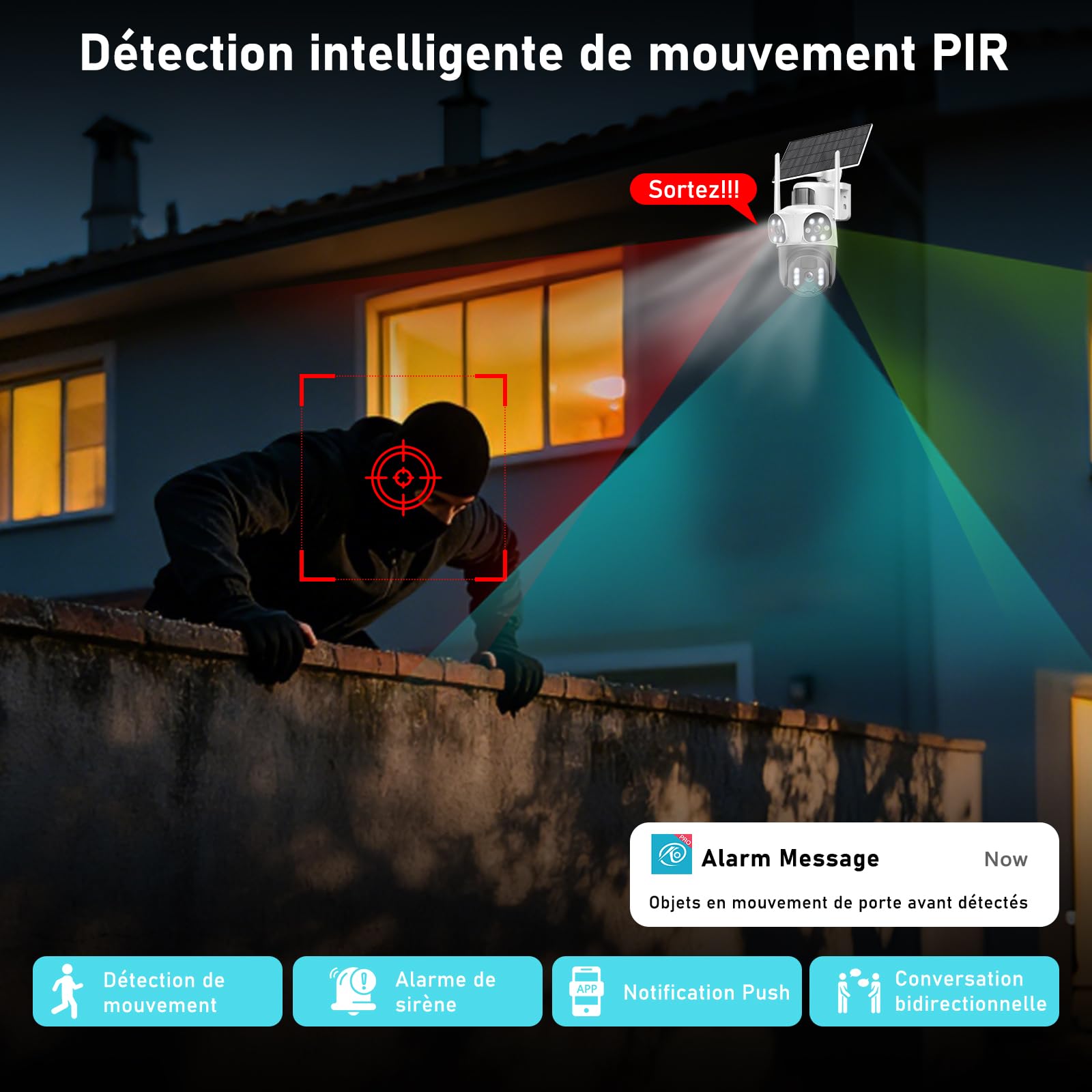4K Camera Surveillance WiFi Exterieure sans Fil,à triple objectif/Camera Solaire/Batterie,2.4/5G WIFI,360° PTZ Sécurité à Domicile,Vision Vocturne,Alarme,Audio Bidirectionnel,Suivi Automatique,8MP HD