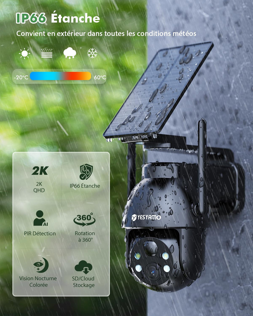 YESYAMO 2K Camera Surveillance WiFi Exterieure sans Fil Solaire, 2.4GHz Camera Exterieur avec Panneau Solaire, 355° PTZ, Vision Nocturne Couleur, Audio Bidirectionnel, PIR Sirène (Noir)