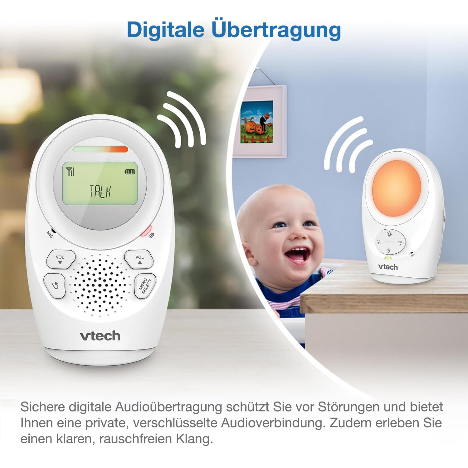 VTech DM1111 Babyphone Audio Numérique – Technologie DECT, Affichage du Niveau de Bruit, Clip Ceinture et Bien Plus – Unité Parentale et Unité Bébé