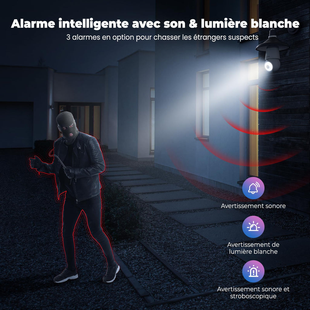 Codnida Camera Surveillance WiFi Intérieur/Extérieure sans Fil,2K Ampoule Camera Surveillance WiFi,Caméras de Surveillance avec Douille de Lampe E27,Sirène et Alarme Lumineuse,Vision Nocturne Couleur