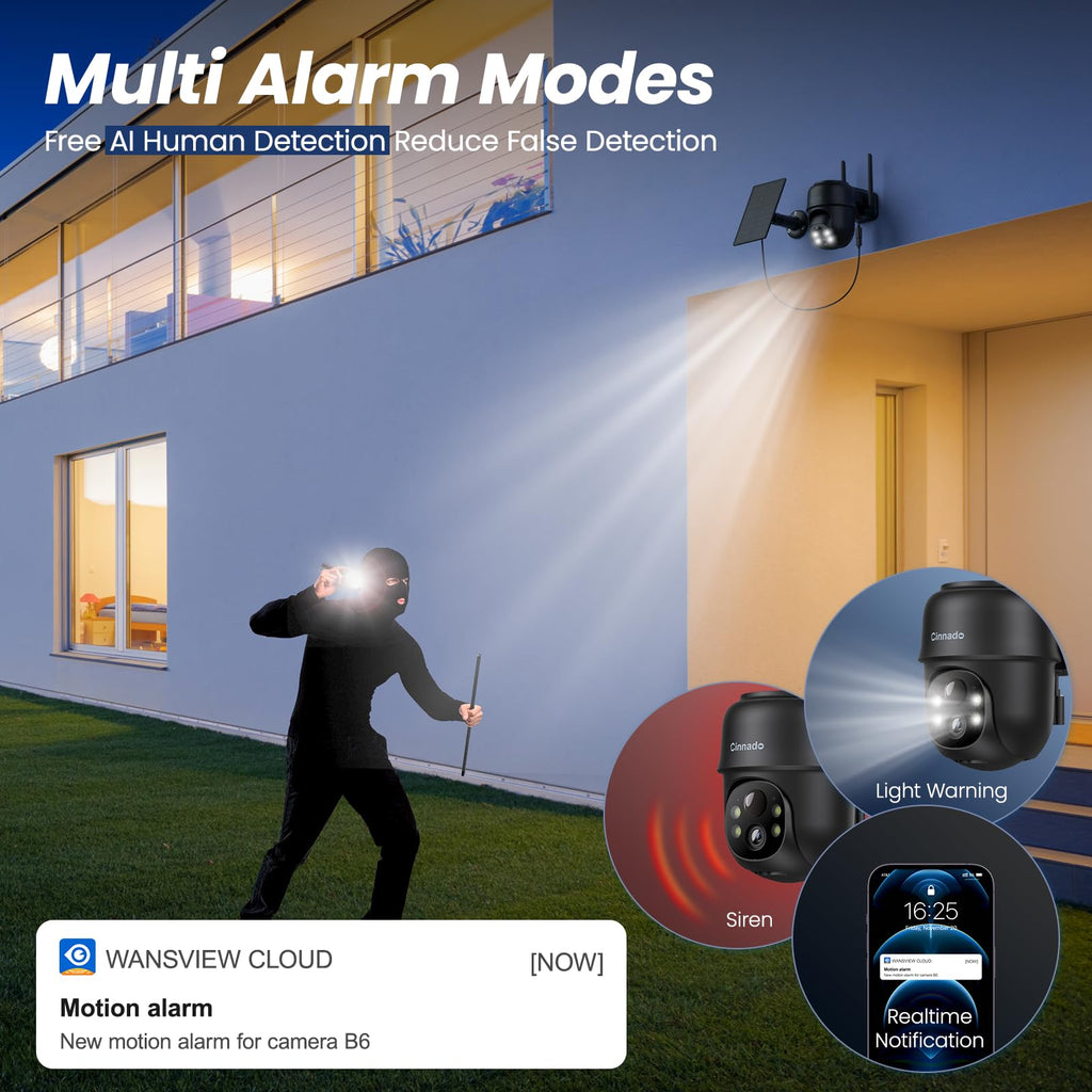 Cinnado Camera Surveillance WiFi Exterieure sans Fil - 2K Camera Exterieur sans Fil avec Panneau Solaire, 360° PTZ, Alerte Instantanée PIR, Vision Nocturne Couleur, Audio Bidirectionnel, B6 (Noire)