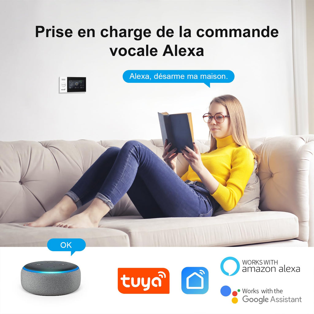 LWOHSI Alarme Maison sans Fil,4G/WiFi Kit Alarme avec écran Tactile 4,3 Pouces,Capteurs De Porte et De Mouvement,Sirène 120 DB,Alertes D'application,sans Abonnement Mensuel,Compatible avec Alexa