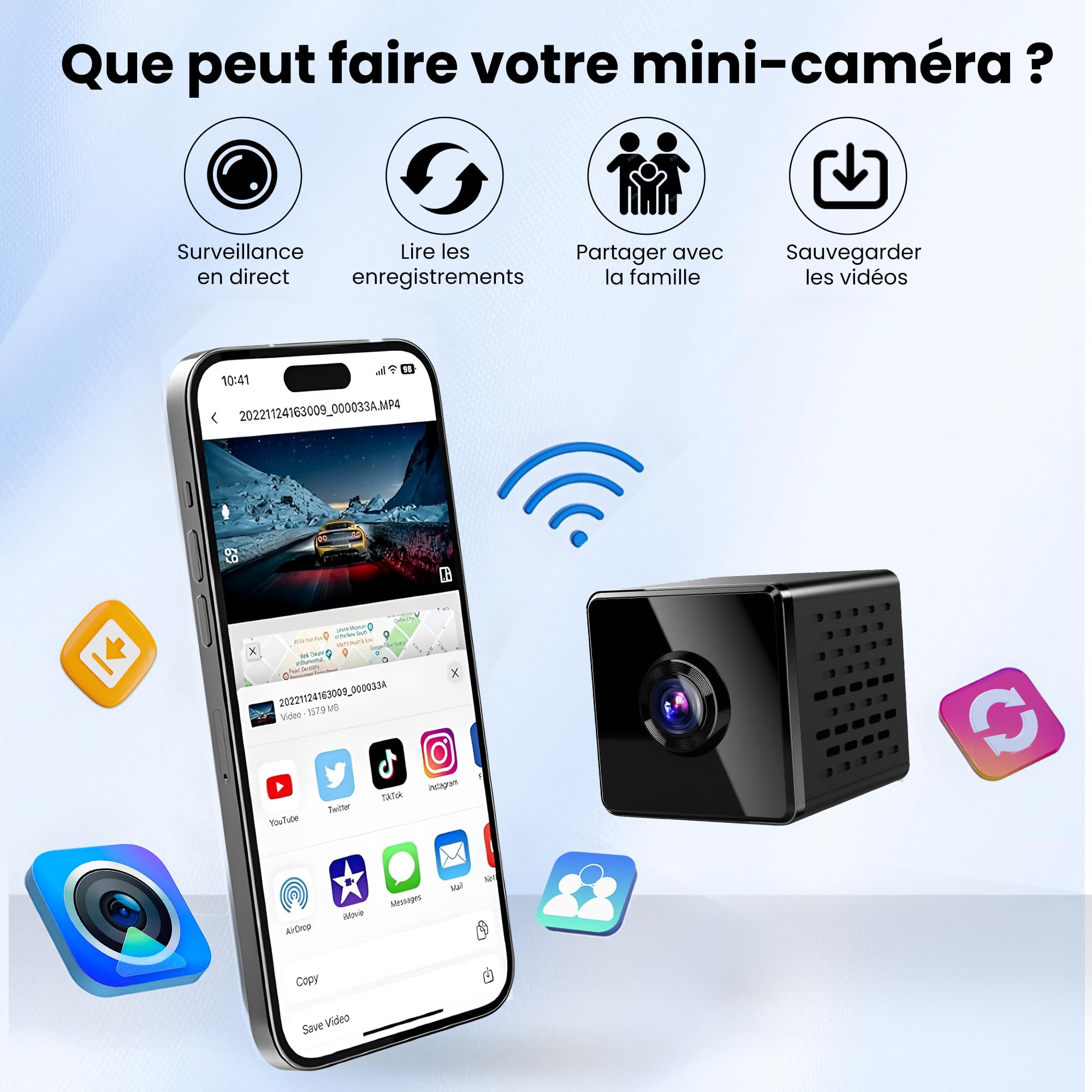 Caméra Espion Mini 4K avec Vision Nocturne et WiFi - Caméra de Sécurité Intérieure avec Détection de Mouvement - Stockage Cloud et Carte SD / Batterie Intégrée - Vidéo en Temps Réel pour Maison et Sur