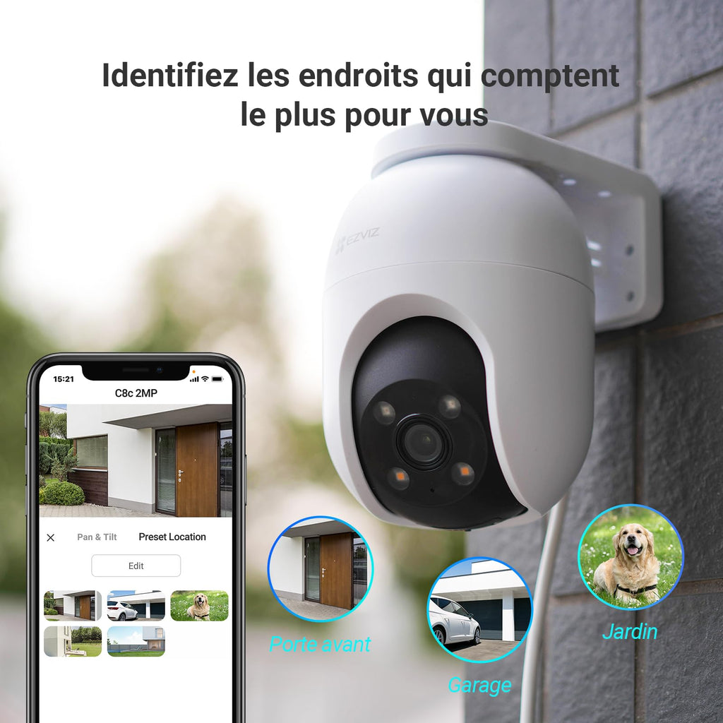 EZVIZ C8c 2MP Camera Surveillance WiFi Extérieure à 360° avec Suivi Auto-Zoom, Détection de Forme Humaine, Vision Nocturne en Couleur, Audio Bidirectionnel, IP65 Etanche, Défense Active
