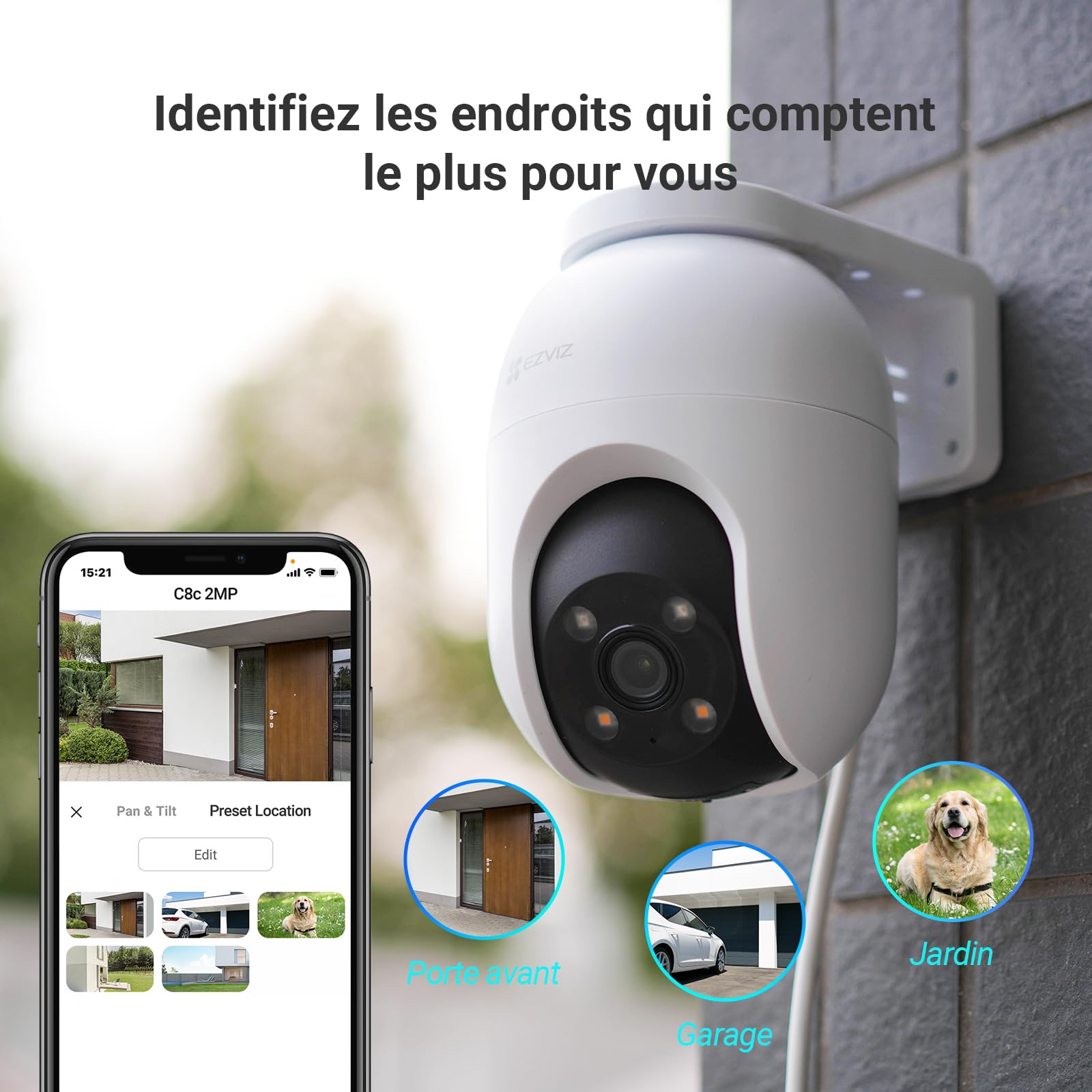 EZVIZ C8c 2MP Camera Surveillance WiFi Extérieure à 360° avec Suivi Auto-Zoom, Détection de Forme Humaine, Vision Nocturne en Couleur, Audio Bidirectionnel, IP65 Etanche, Défense Active