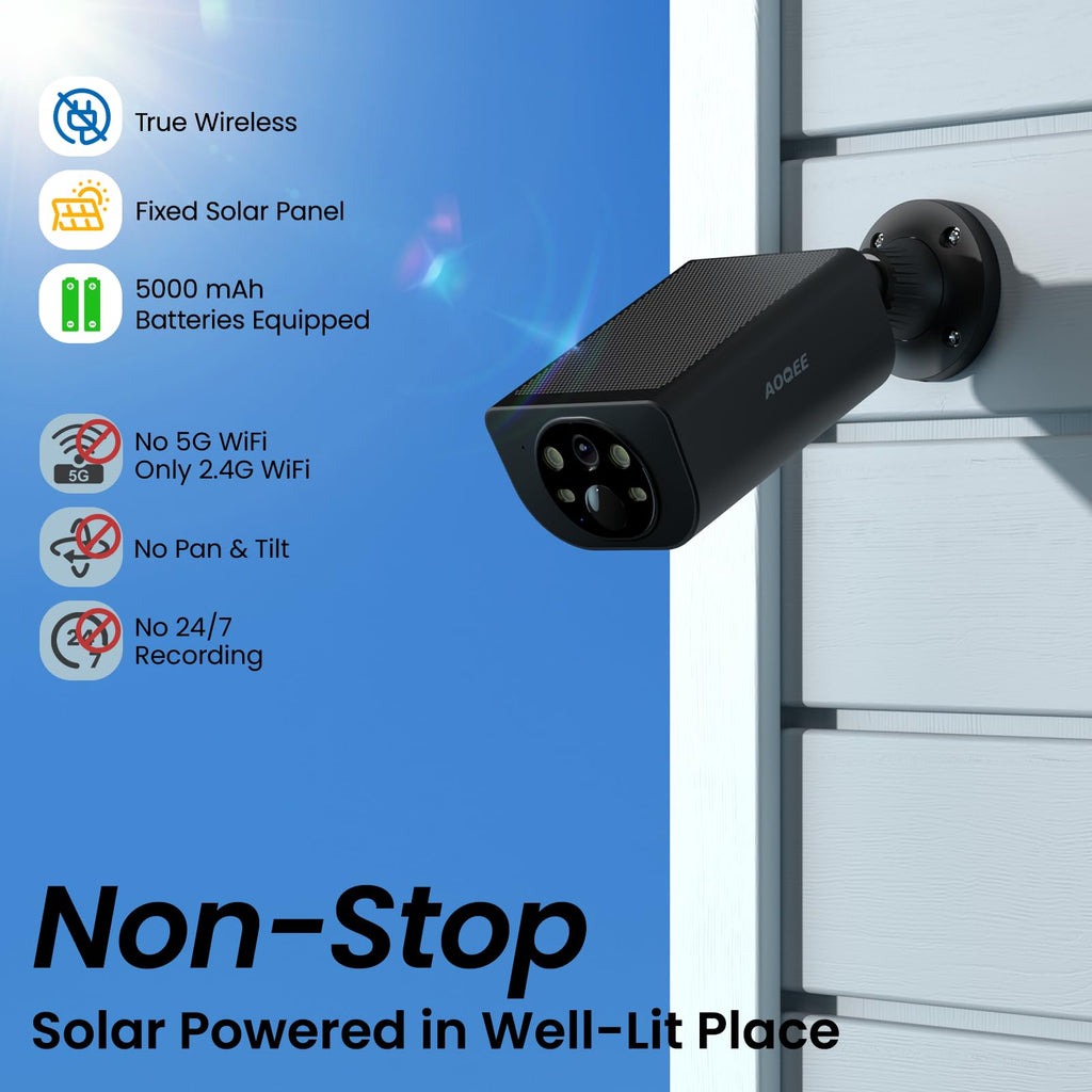 AOQEE Camera Surveillance WiFi Exterieure sans Fil - 2K Camera Exterieur Batterie Panneau Solaire intégré, Étanche IP65, PIR détection, Détection Humaine AI, Vision Nocturne Couleur, Compatible Alexa