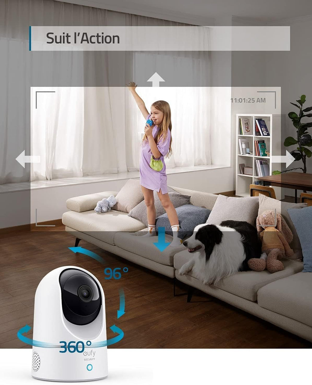 eufy Security IndoorCam E220 Camera Interieur sans Fil, 2K Pan & Tilt, Camera Surveillance WiFi, Détection des Humains et Animaux par l'IA, Assistants Vocaux, Carte microSD Requise