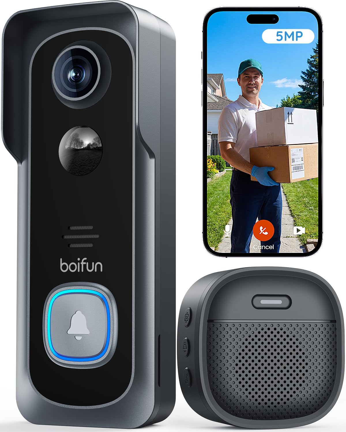 BOIFUN Sonnette sans Fil Exterieur Etanche, 2K, Grand Angle de 166°, Installation Facile, Détection Humaine par IA, Vision Nocturne, Compatible Carte SD, IP65 étanche, 3MP Wi-FI 2,4 GHz Noir