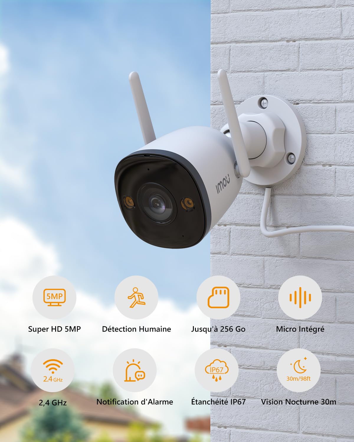 Imou Caméra de Surveillance WiFi Extérieure, 3K Caméra IP WiFi 2.4 GHz Étanche avec Vision Nocturne de 30m, Détection de Mouvement AI (Bullet 2C 5MP)
