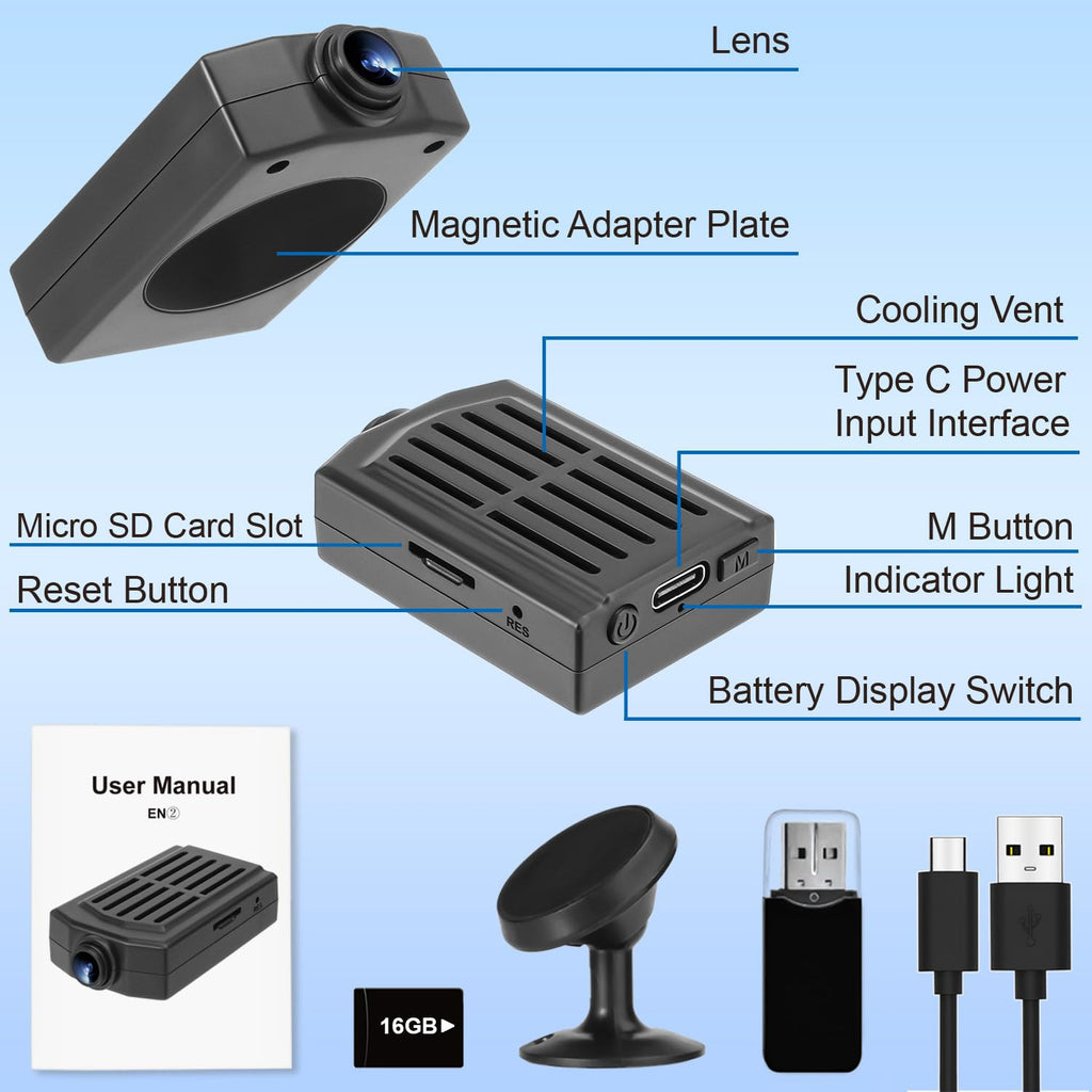 OTADUG Caméra Espion, Caméra de Surveillance 1080P avec Loop Recording, Détection de Mouvement, Grand Angle 120, 3 Heures, avec Une Carte, Pas Besoin de Wi-FI
