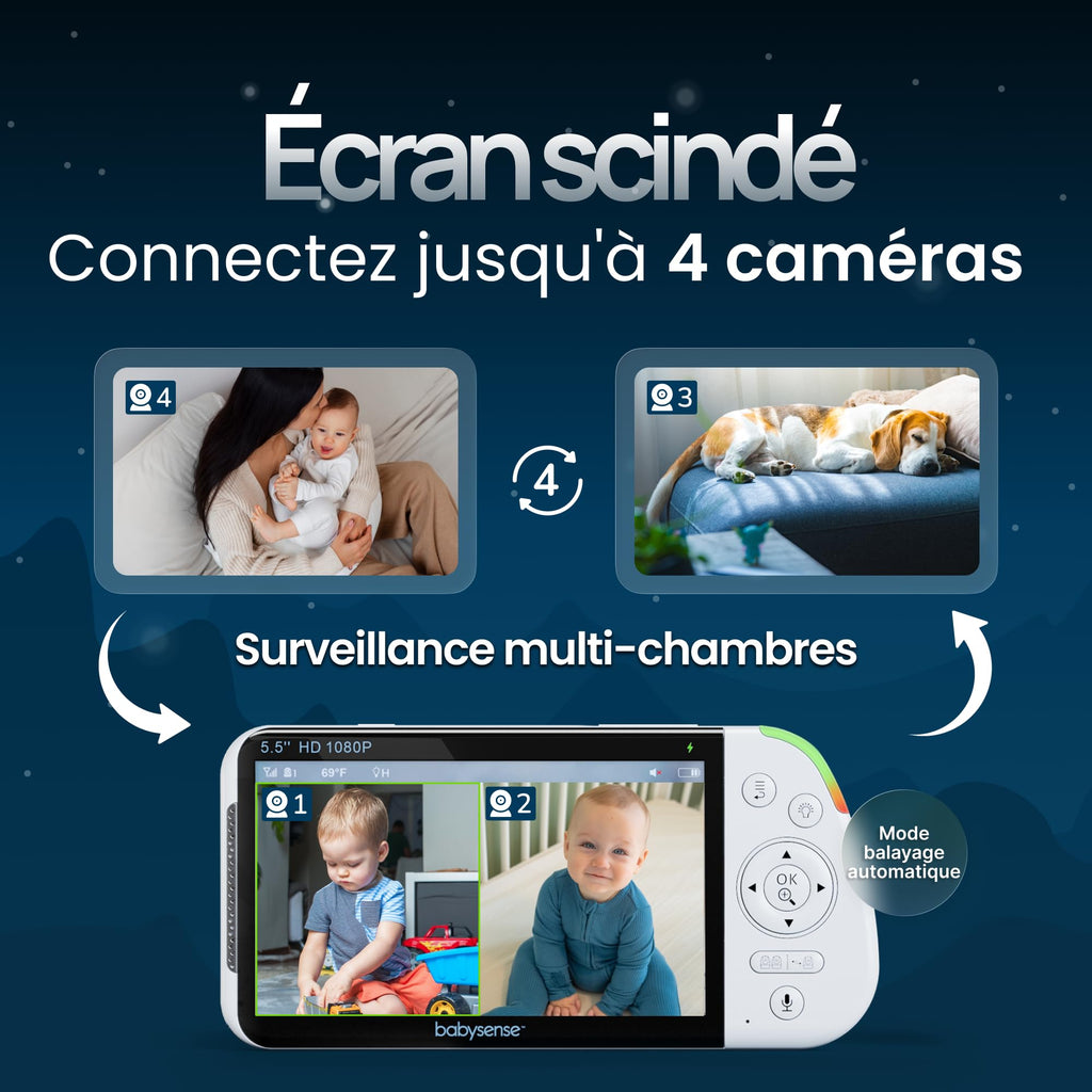 Babysense - Moniteur bébé Full HD écran partagé - Avec 2 caméras - Veilleuse en 6 couleurs - Bruit et machine à lumière - Batterie de 20 heures - Connexion sécurisée sans WiFi