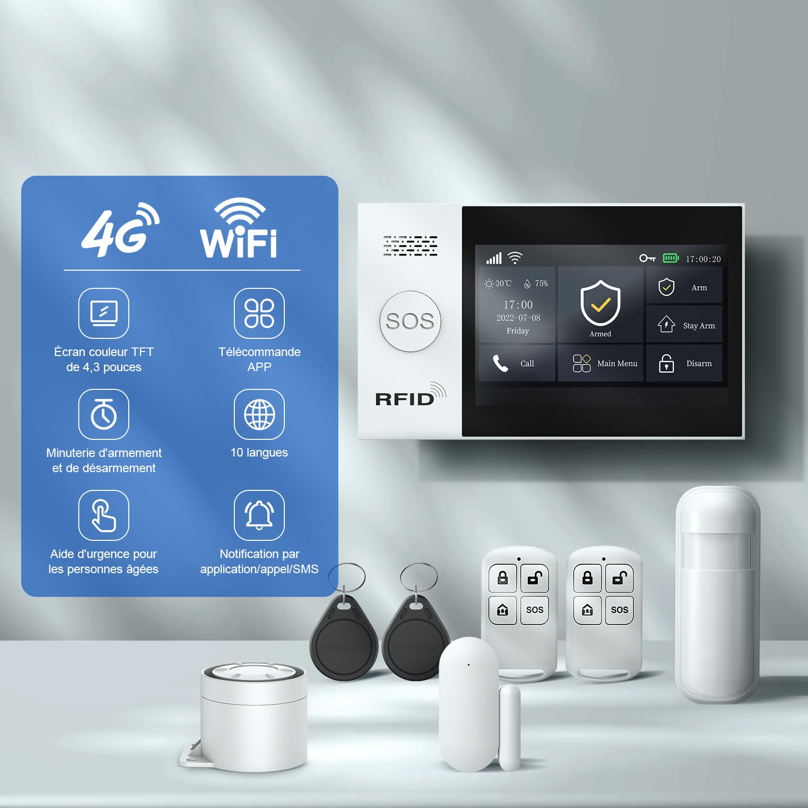 LWOHSI Alarme Maison sans Fil,4G/WiFi Kit Alarme avec écran Tactile 4,3 Pouces,Capteurs De Porte et De Mouvement,Sirène 120 DB,Alertes D'application,sans Abonnement Mensuel,Compatible avec Alexa