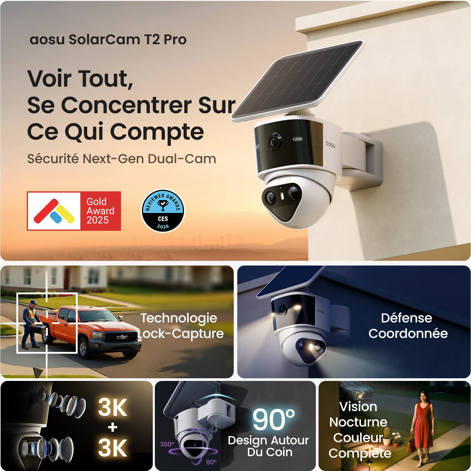 AOSU T2 Pro 3K Camera Surveillance WiFi Exterieure Sans Fil Solaire, Double Caméra 5MP 360° PTZ + 170° Grand Angle Sans Angle Mort, Zoom 8X Vision Nocturne TrueColor, Détection IA et Suivi Automatique