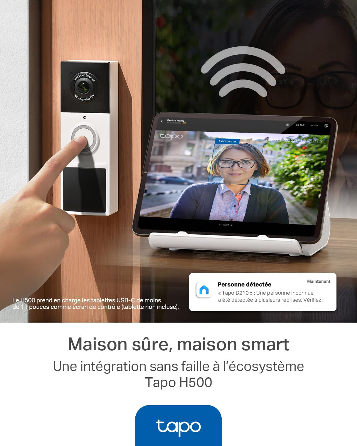 Tapo D210 Sonnette sans Fil avec caméra Exterieur 2K 3MP, IP65 étanche, Ultra Grand Angle 160°, Vision Nocturne en Couleur, Détection Humaine AI Gratuite, Audio Bidirectionnel, Installation Facile
