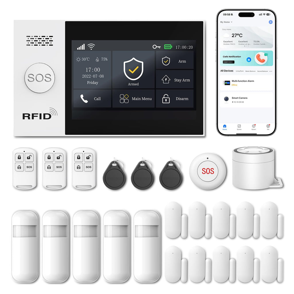 LWOHSI Alarme Maison sans Fil,4G/WiFi Kit Alarme avec écran Tactile 4,3 Pouces,Capteurs De Porte et De Mouvement,Sirène 120 DB,Alertes D'application,sans Abonnement Mensuel,Compatible avec Alexa