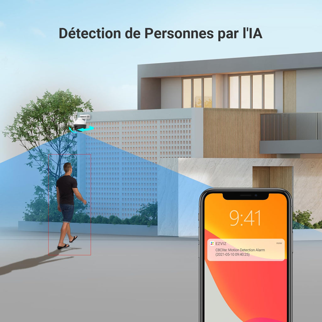 EZVIZ C8c 2MP Camera Surveillance WiFi Extérieure à 360° avec Suivi Auto-Zoom, Détection de Forme Humaine, Vision Nocturne en Couleur, Audio Bidirectionnel, IP65 Etanche, Défense Active