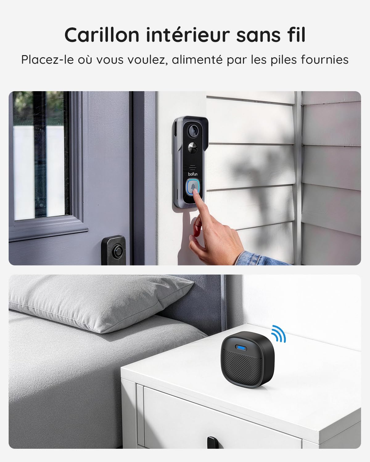 BOIFUN Sonnette sans Fil Exterieur Etanche, 2K, Grand Angle de 166°, Installation Facile, Détection Humaine par IA, Vision Nocturne, Compatible Carte SD, IP65 étanche, 3MP Wi-FI 2,4 GHz Noir