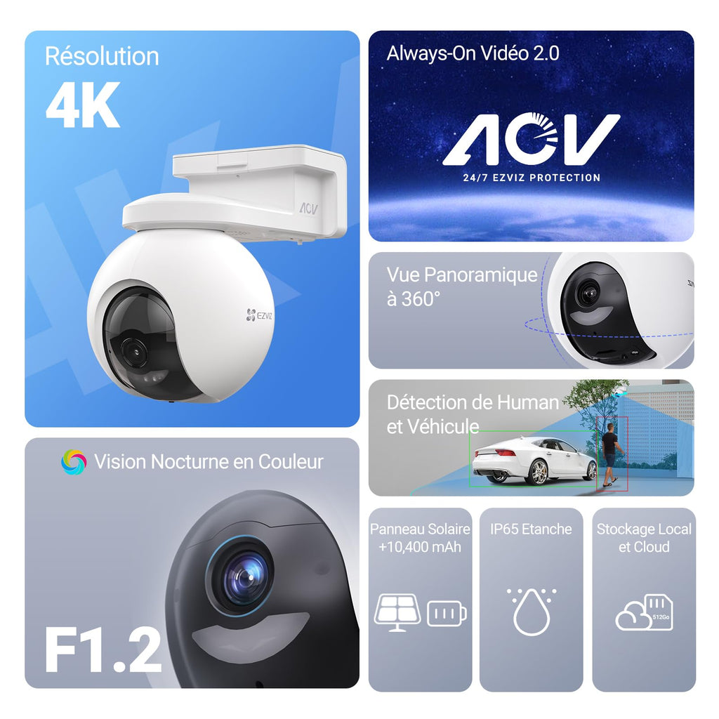 EZVIZ 4K(8MP) Caméra Surveillance WiFi Extérieure sans Fil + 5W Panneau Solaire, Détection de Personnes/Véhicules, Caméra Solaire Extérieure 360°, Mode AOV, Défense Active, CB8 Pro 4K Kit