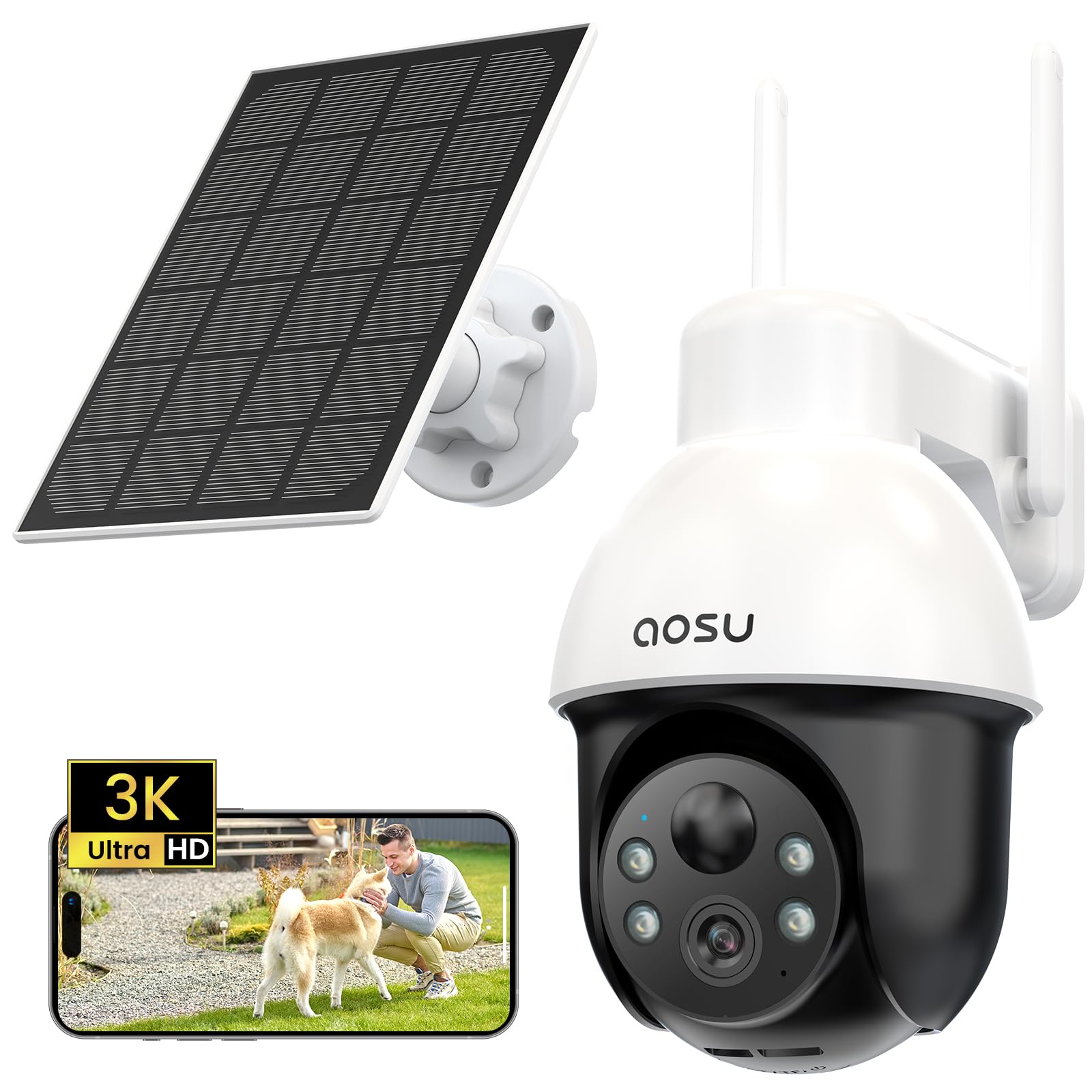 aosu 3K Caméra Surveillance WiFi Exterieure sans Fil, 5MP Camera Exterieur Solaire, 360° PTZ Suivi Automatique Détection IA Personne/Véhicule, Vision Nocturne Couleurs Alarme Lumineuse/Sonore 2 Pièce
