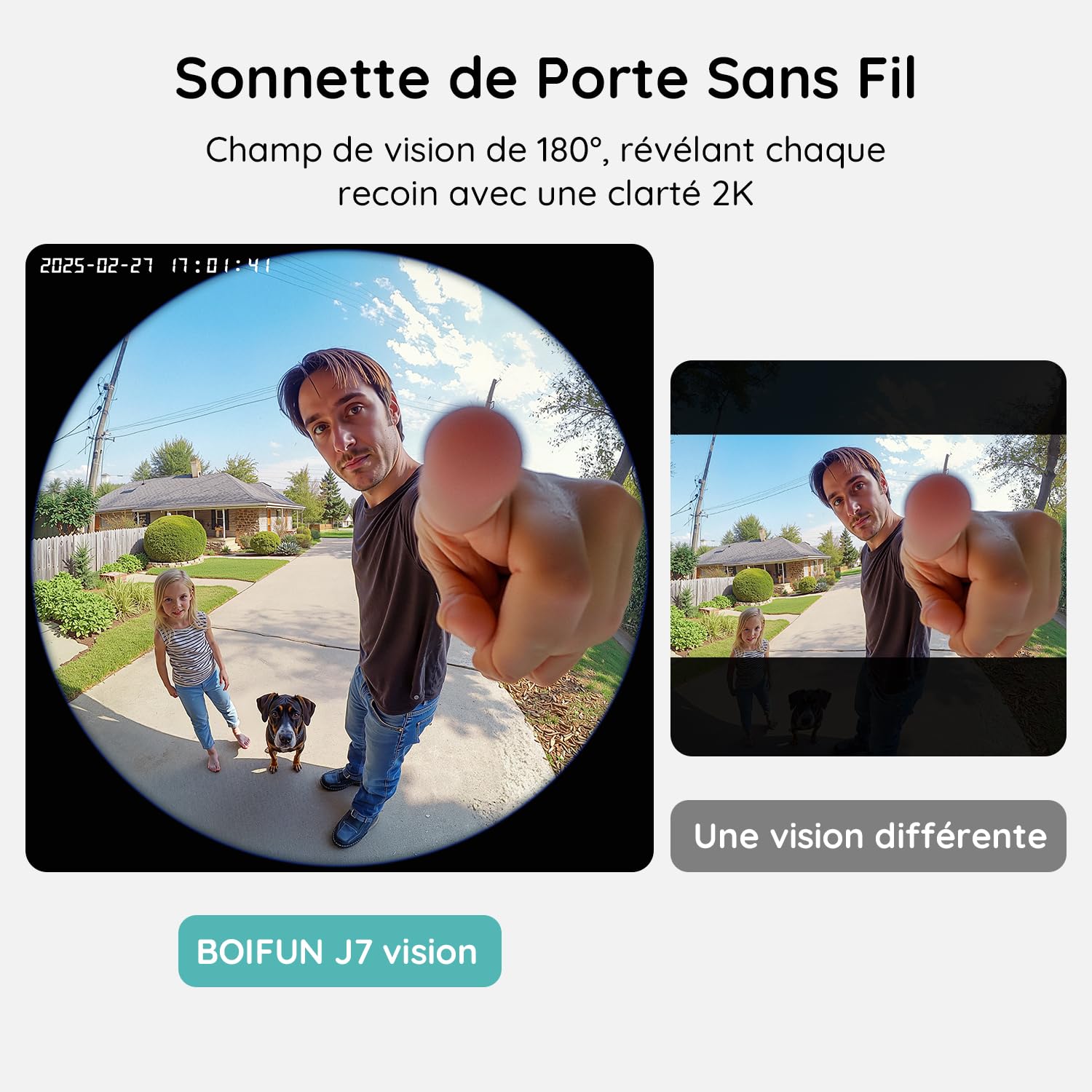 BOIFUN 2K 3MP Sonnette sans Fil Exterieur Etanche, Vision à 180°, Détection IA Avancée, Installation Facile, Vision Nocturne, Stockage par Carte SD 128 Go, IP65 étanche, Wi-FI 2,4 GHz Uniquement