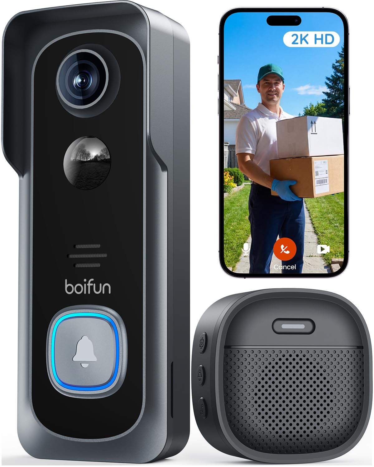 BOIFUN Sonnette sans Fil Exterieur Etanche, 2K, Grand Angle de 166°, Installation Facile, Détection Humaine par IA, Vision Nocturne, Compatible Carte SD, IP65 étanche, 3MP Wi-FI 2,4 GHz Noir