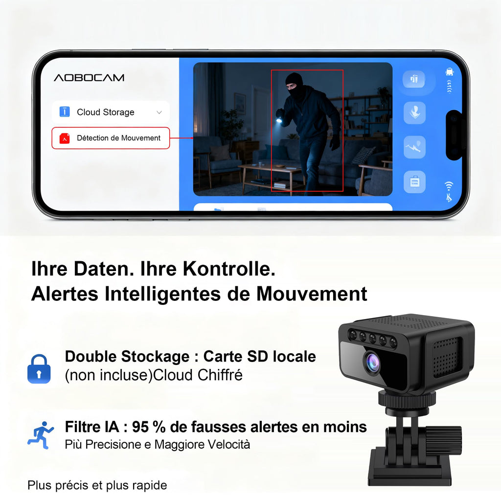 AOBOCAM Camera Espion WiFi 4K avec Cloud – Caméra de Surveillance Intérieure sans Fil, Vision Nocturne Grand Angle 150°, Détection de Mouvement AI Intelligente, Mini Caméra de Sécurité