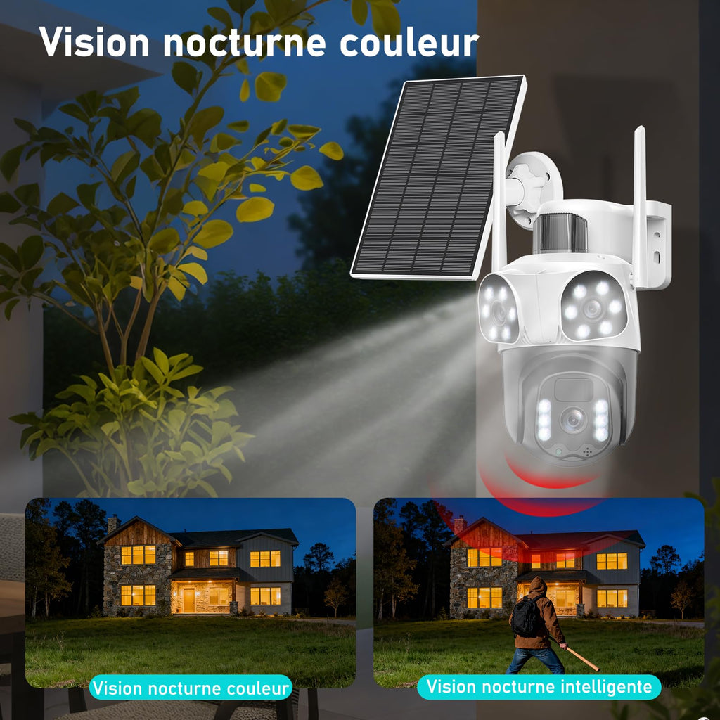 4K Camera Surveillance WiFi Exterieure sans Fil,à triple objectif/Camera Solaire/Batterie,2.4/5G WIFI,360° PTZ Sécurité à Domicile,Vision Vocturne,Alarme,Audio Bidirectionnel,Suivi Automatique,8MP HD