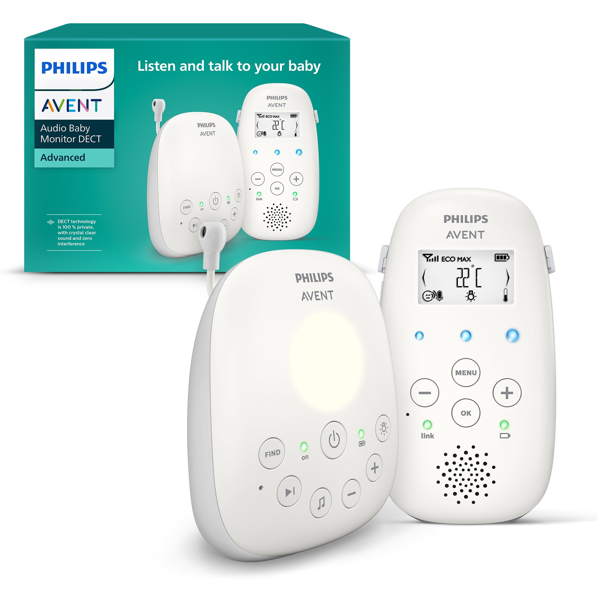 Philips Avent DECT - Écoute-bébé audio bidirectionnel, sans interférence, portée de 330 mètres, autonomie de 24 heures, mode Smart ECO, veilleuse, SCD503/26