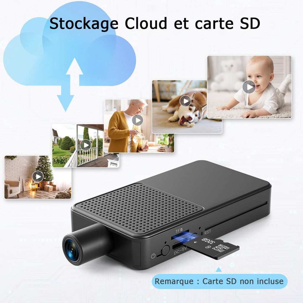 Digimore Mini Camera Espion sans Fil, WiFi Camera Surveillance 10h Enregistrement Continu, Stockage Cloud Gratuit, Batterie 3000Mah, Détection Mouvement & Vision Nocturne, Intérieur/Extérieur