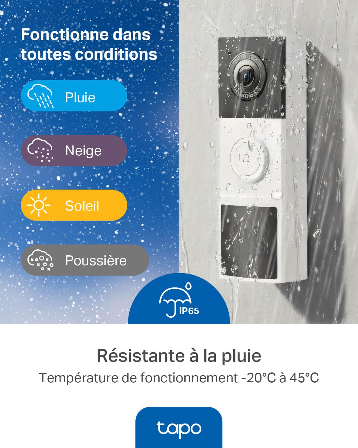 Tapo D210 Sonnette sans Fil avec caméra Exterieur 2K 3MP, IP65 étanche, Ultra Grand Angle 160°, Vision Nocturne en Couleur, Détection Humaine AI Gratuite, Audio Bidirectionnel, Installation Facile