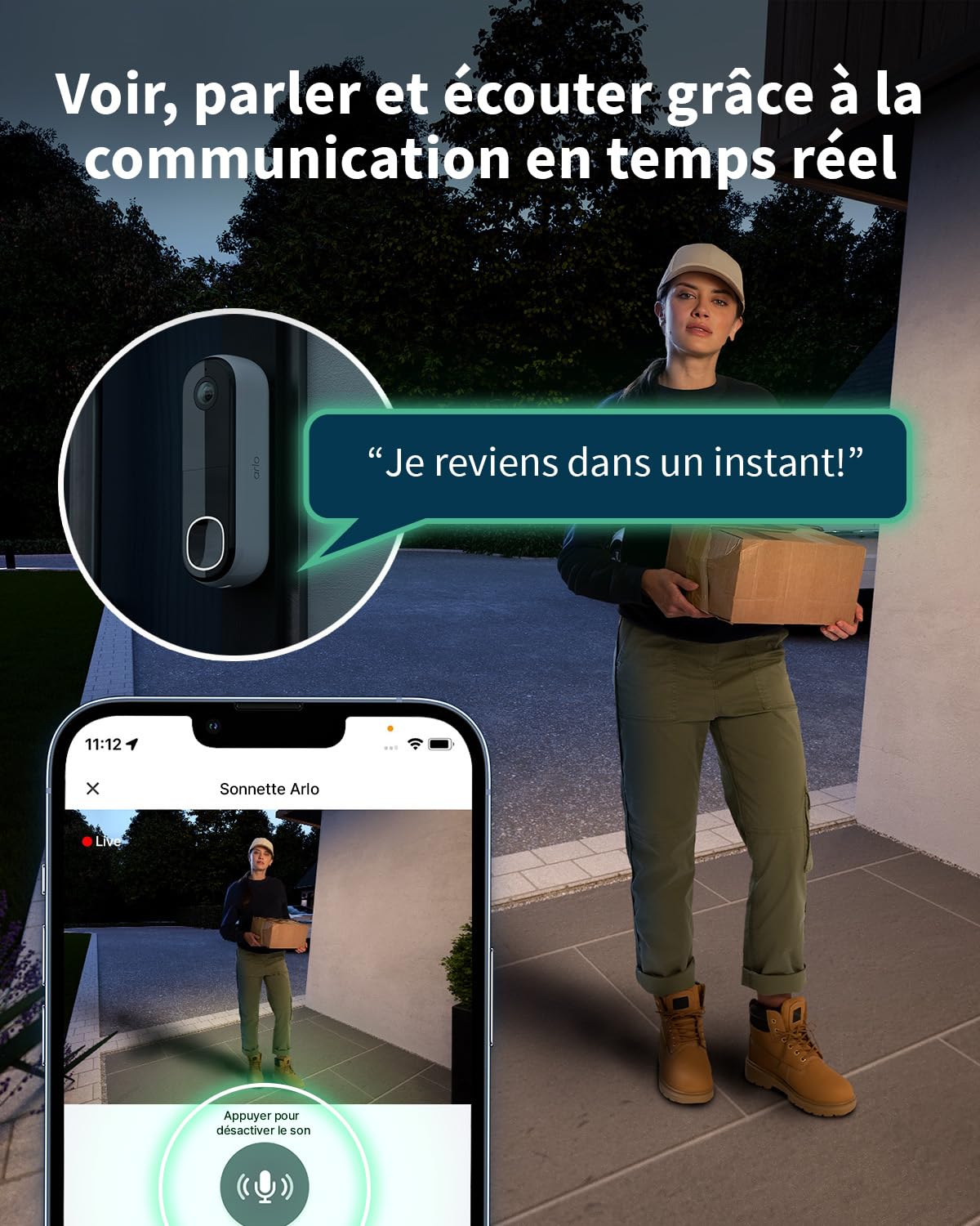 ARLO Sonnette Vidéo HD, Sonnette WiFi Extérieur Exterieure Sans Fil, Détection par IA, Vision Nocturne Couleur, Audio bidirectionnel, Compatible avec Alexa, Essai Secure Inclus