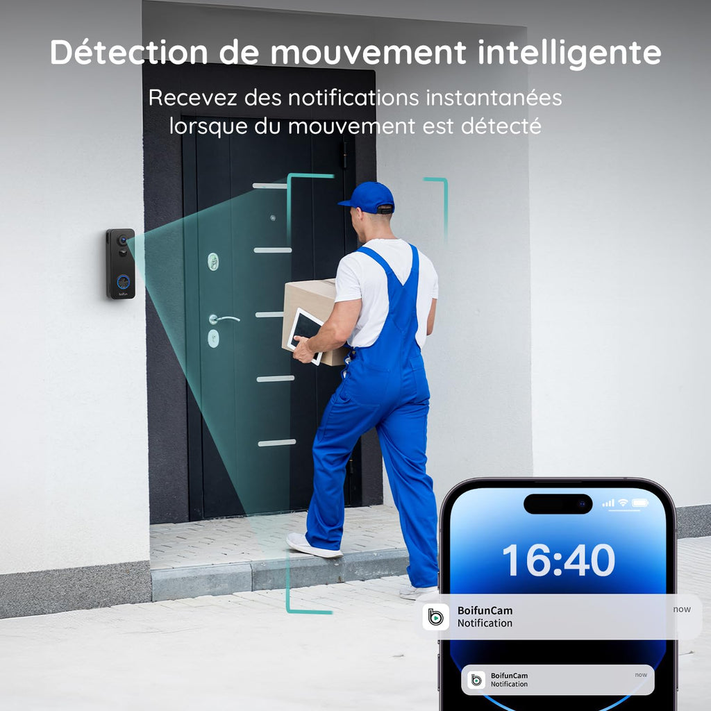 BOIFUN 2K 3MP Sonnette sans Fil Exterieur Etanche, Vision à 180°, Détection IA Avancée, Installation Facile, Vision Nocturne, Stockage par Carte SD 128 Go, IP65 étanche, Wi-FI 2,4 GHz Uniquement