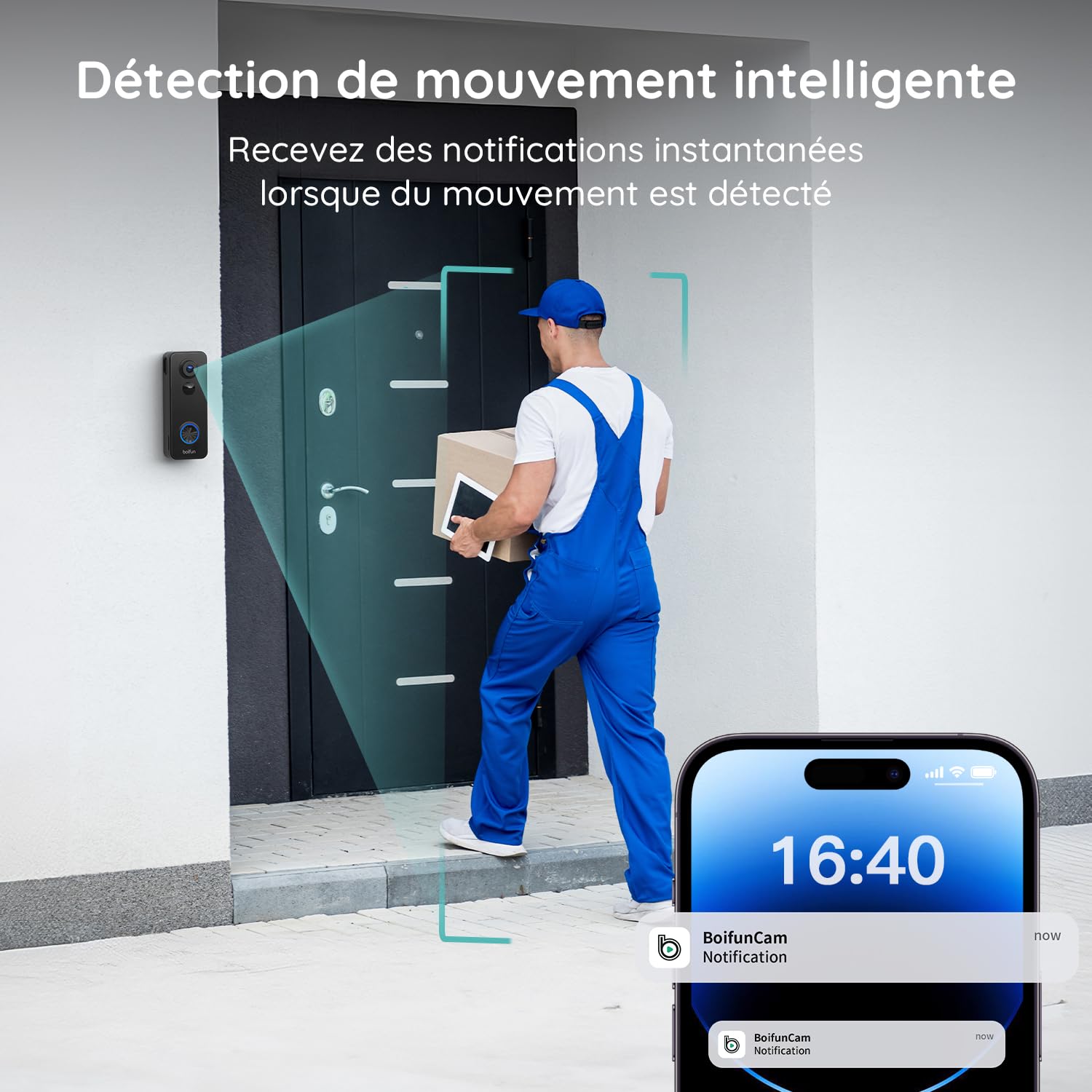 BOIFUN 2K 3MP Sonnette sans Fil Exterieur Etanche, Vision à 180°, Détection IA Avancée, Installation Facile, Vision Nocturne, Stockage par Carte SD 128 Go, IP65 étanche, Wi-FI 2,4 GHz Uniquement