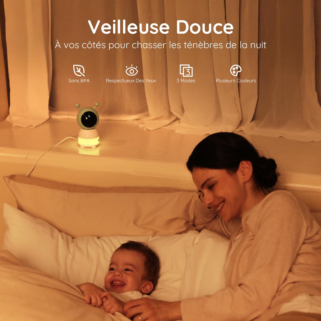 BOIFUN Babyphone Camera Bébé 2K, Baby Phone avec Caméra WiFi et Moniteur 5", Vision Nocturne Invisible, Veilleuse Bébé Colorée Réglable, Alerte Mouvements/Pleurs, Température, Zoom 4X, Rappel Biberon