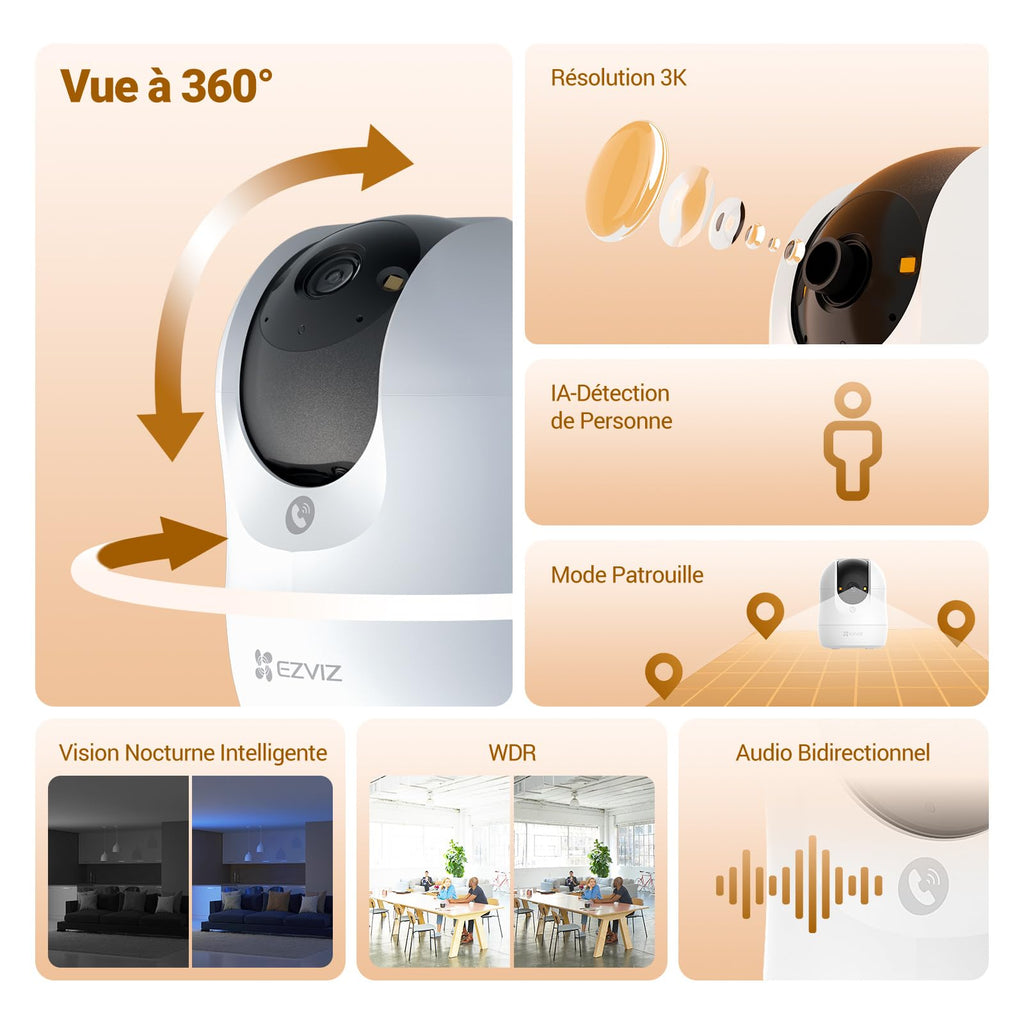 EZVIZ Caméra Surveillance WiFi Intérieure 360°, FHD 1080P, Camera WiFi 2.4Ghz, Vision Nocturne, Détection de Mouvement Suivi Intelligent, Audio Bidirectionnel, Compatible avec Alexa pour Bébé/Animaux