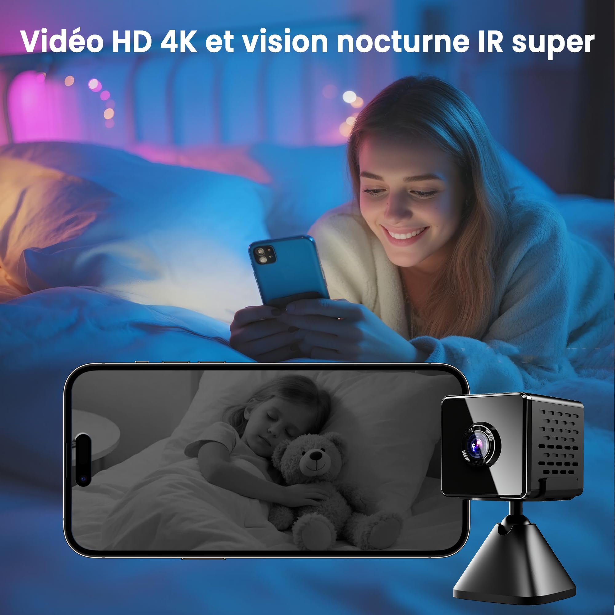 Caméra Espion Mini 4K avec Vision Nocturne et WiFi - Caméra de Sécurité Intérieure avec Détection de Mouvement - Stockage Cloud et Carte SD / Batterie Intégrée - Vidéo en Temps Réel pour Maison et Sur