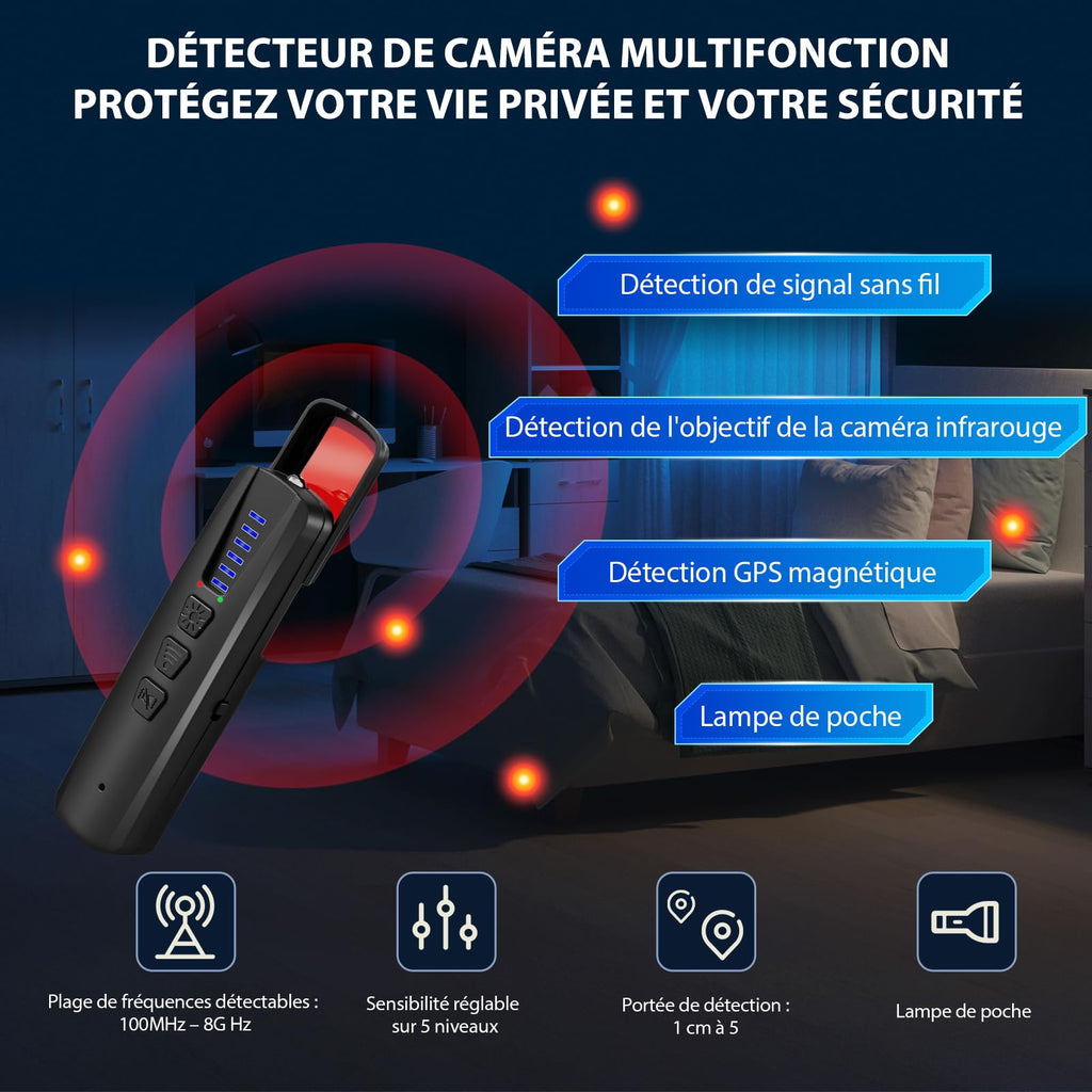 Detecteur de Camera et Micro Espion, Detecteur de Traceur GPS Voiture, Détecteur de Caméra Espion WiFi et Scanner RF pour Hôtel, Salle de Bains, Voiture, Bureau et Voyage