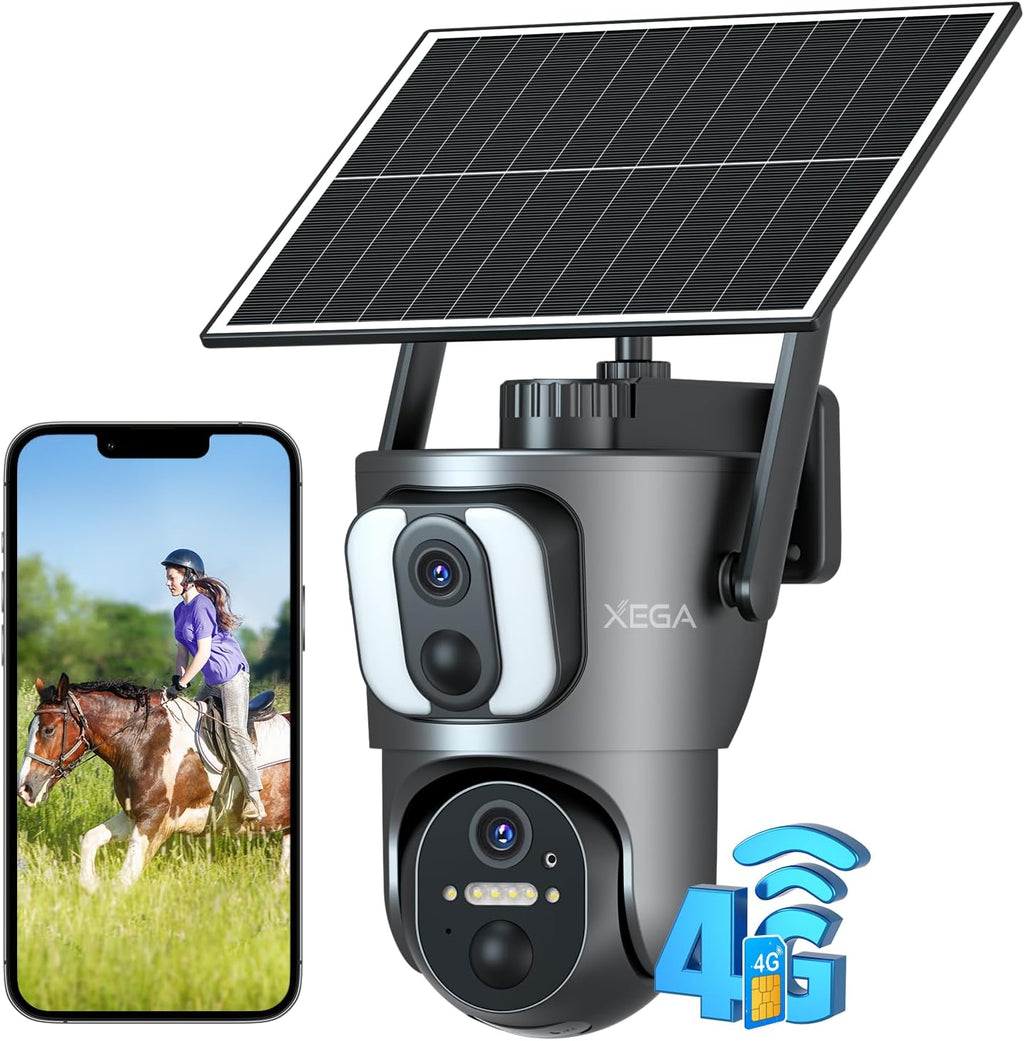 Xega 4G LTE Caméra Solaire【Double Objectif】avec Carte Sim, 14400mAh Camera Extérieure sans Fil, Détection de Personne 2K HD Inclinable 355°/100°, Autonome sur Batterie,Vision Nocturne IP66 (Non WiFi)